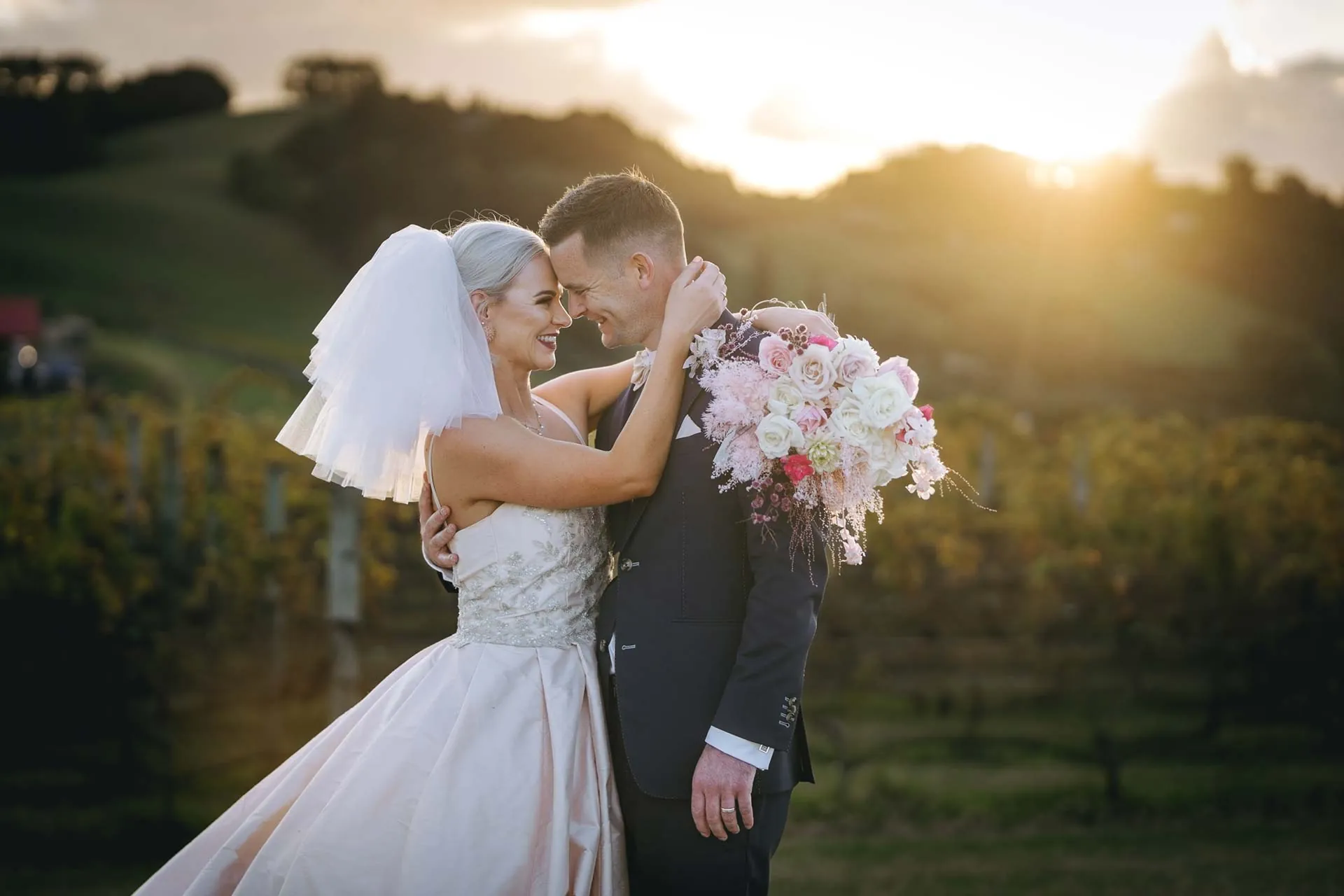 Sunset bride groom wedding portrait