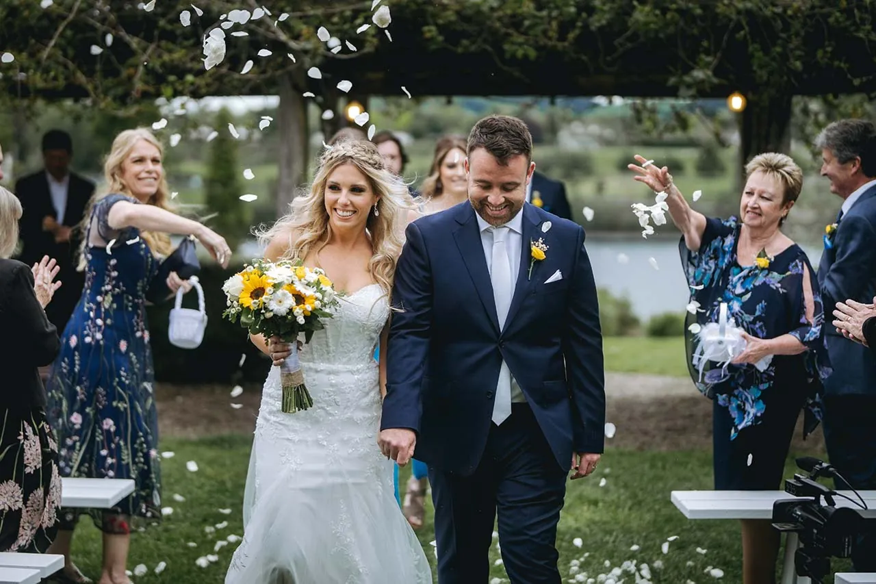 Boatshed Karapiro newlyweds confetti exit