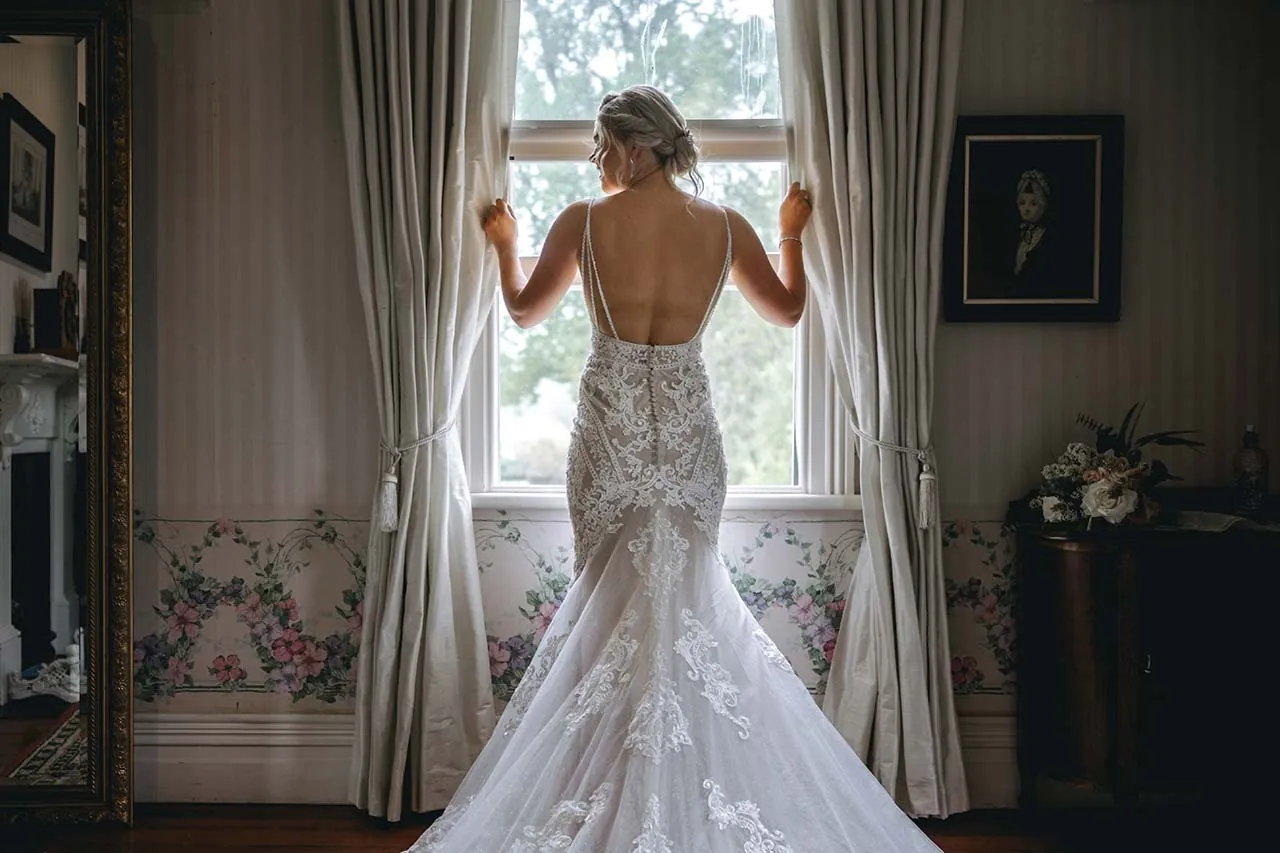 Woodlands estate bride window portrait