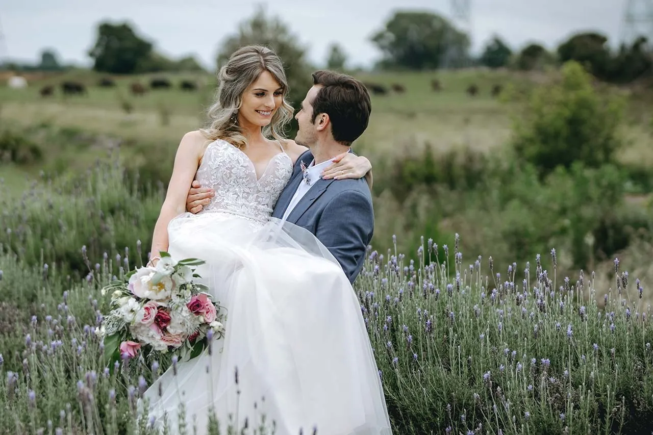 Woodside estate lavender field wedding portrait