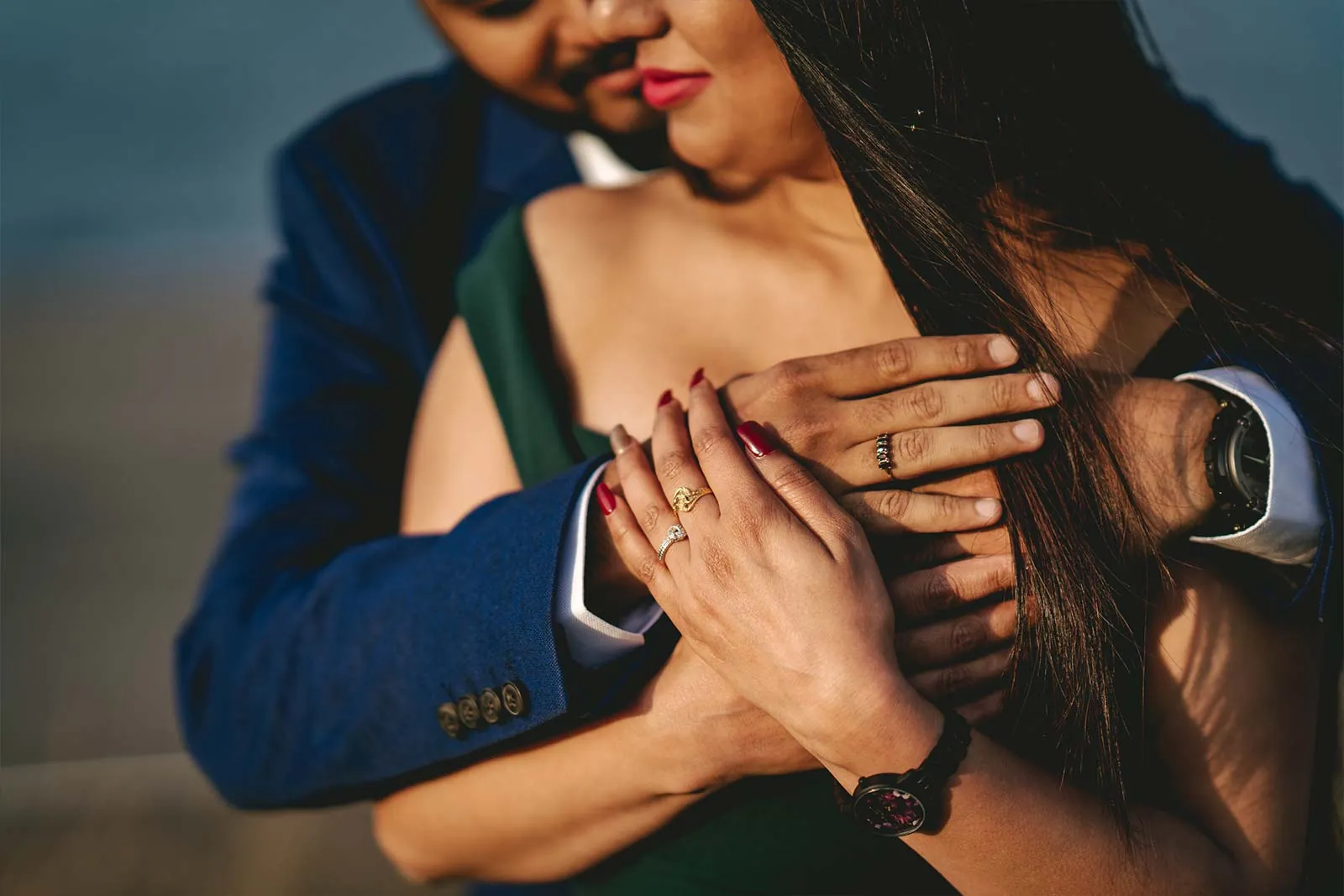 Engagement ring detail during a couple