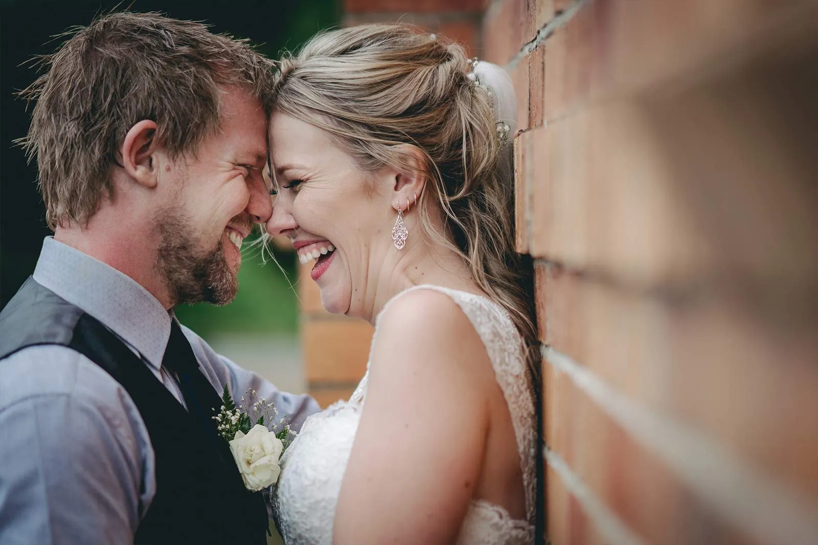 Joyful bride and groom sharing a close-up moment